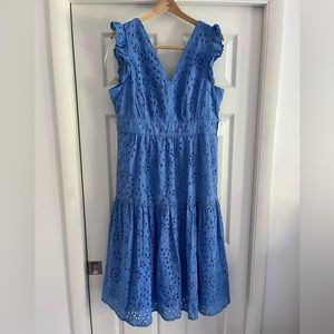 Maggie London Marine Blue Cotton Eyelet Tiered Midi Dress
